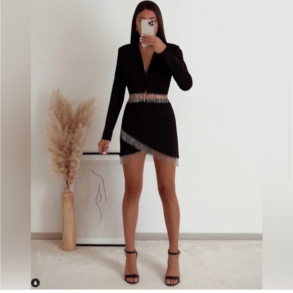 NWT Zara black mini skirt with silver rhinestone fringe detail - Picture 4 of 9